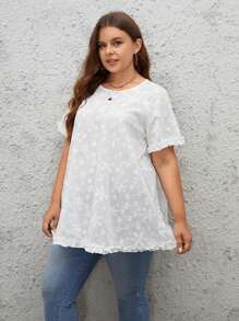 Calvaya Plus Floral Embroidery Frill Trim Blouse - White - View 3