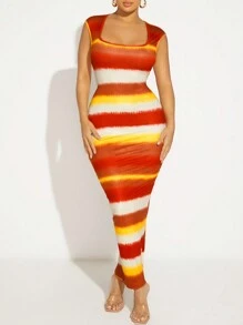 SHEIN SXY 紮染方領緊身洋裝 - 彩色 - 查看 5