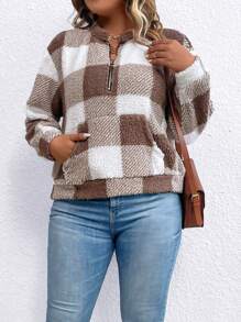 SHEIN LUNE Plus Buffalo Plaid Print Half Zip Teddy Sweatshirt - Coffee Brown - View 5