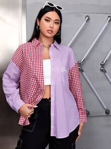 SHEIN EZwear Plus Gingham & Letter Graphic Drop Shoulder Shirt - Multicolor - View 3