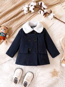 Baby Boy Borg Collar Double Breasted Flap Detail Overcoat