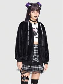 ROMWE Kawaii Cross Embroidery Letter Graphic Drawstring Zip Up Velvet Hooded Jacket - Black - View 4