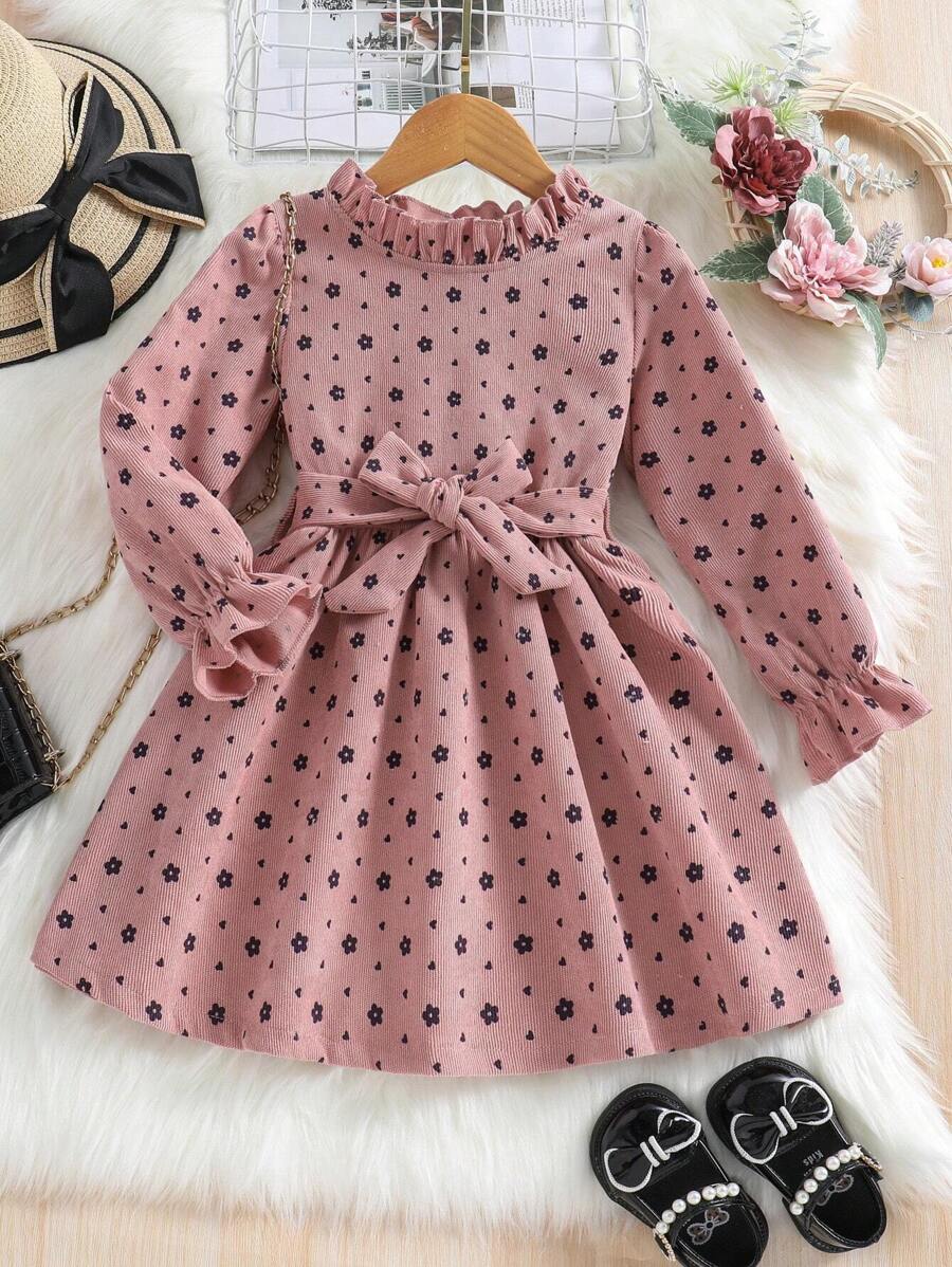 SHEIN Young Girl Floral Print Flare Sleeve Frill Trim Belted Dress - Pink - View 1