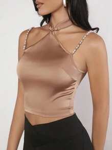 EastFlair Faux Pearls Beaded Strap Crop Top