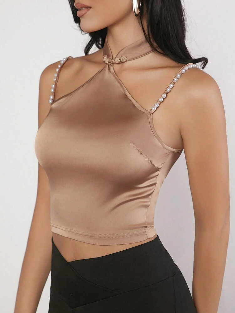 Faux Pearls Beaded Strap Crop Top
