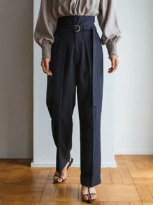 FRIFUL Solid Slant Pocket Belted Suit Pants,Women Dress Pants Business Attire - Navy Blue - View 1