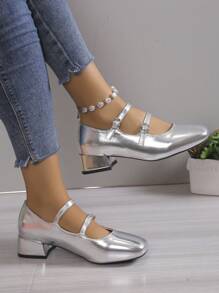Women's College Style High Heel Pumps - Silver - View 2