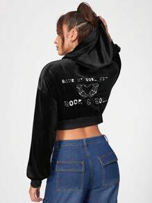 Everlastgraphic Skeleton Hand Print Drop Shoulder Crop Velvet Jacket - Black - View 2