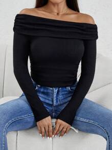 SHEIN PETITE 露肩折疊露肩側拉春季女士t卹 - 黑色 - 查看 6