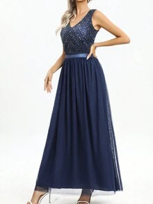 Contrast Sequin Mesh Prom Dress - Navy Blue - View 3