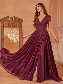Ruched Split Thigh Formal Dress - Burgundy - View 3