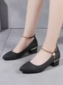 女士高跟鞋，粗跟，金属扣细节，浅口鞋，秋季鞋，低帮亮片鞋，玛丽珍鞋，黑色高跟鞋 - 黑色 - 查看 1