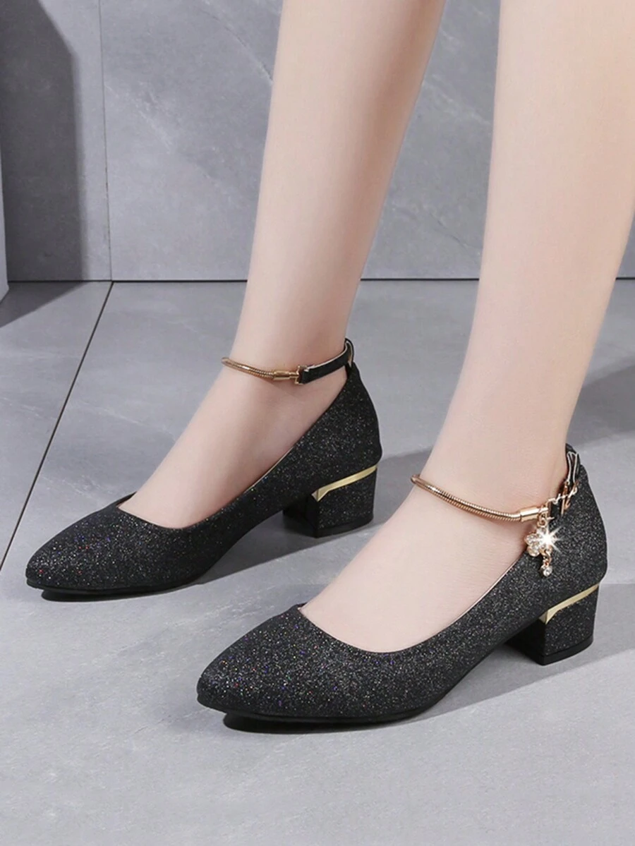 女士高跟鞋，粗跟，金属扣细节，浅口鞋，秋季鞋，低帮亮片鞋，玛丽珍鞋，黑色高跟鞋 - 黑色 - 查看 1
