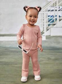 SHEIN Baby Girl Solid Tee & Flare Leg Pants - Pink - View 1