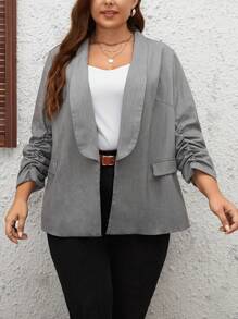 SHEIN LUNE Plus Shawl Collar Ruched Sleeve Open Front Blazer - Grey - View 1