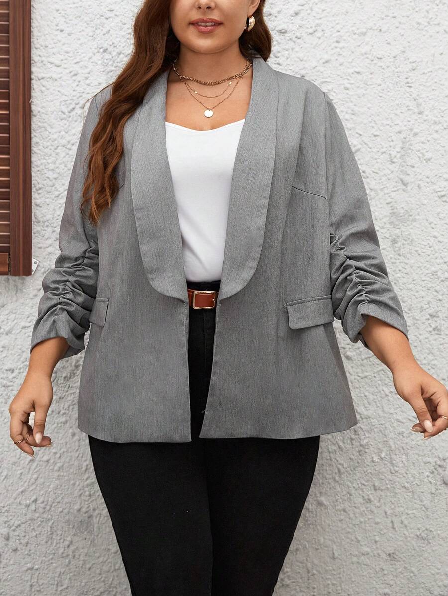 SHEIN LUNE Plus Shawl Collar Ruched Sleeve Open Front Blazer - Grey - View 1