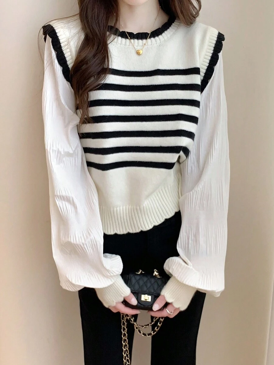 Alicedudu 条纹二合一毛衣，长袖上衣 - 米色 - 查看 1