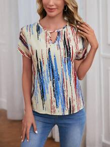 EMERY ROSE Brush Print Keyhole Neck Batwing Sleeve Blouse - Navy Blue - View 1