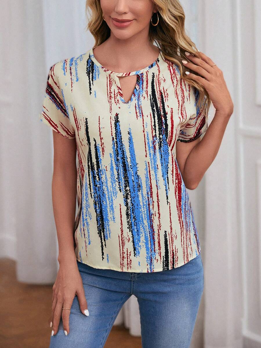 EMERY ROSE Brush Print Keyhole Neck Batwing Sleeve Blouse - Navy Blue - View 1