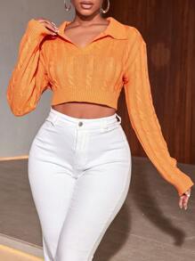 Allurite Cable Knit Crop Sweater - Orange - View 3
