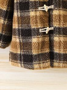Young Boy Plaid Pattern Hooded Duffle Teddy Coat - Multicolor - View 5