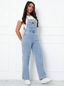 Flexra Letter Patched Pocket Front Denim Overalls Without Tee - Light Wash - View 6