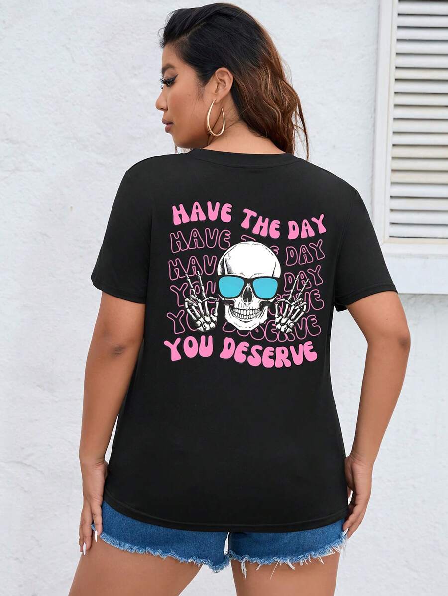 SHEIN EZwear Hơn Sọ & Đồ họa Khẩu hiệu Áo thun - màu đen - Xem 1