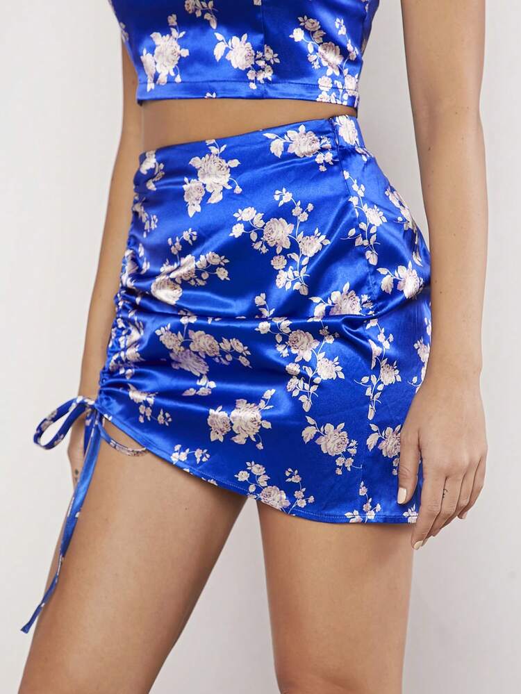 Floral Print Drawstring Side Bodycon Skirt