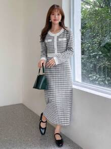 FRIFUL Plaid Print Contrast Trim Button Detail Dress - Black and White - View 6
