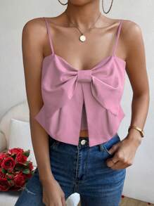 SHEIN Privé Big Bow Front Shirred Back Cami Top - Pink - View 6