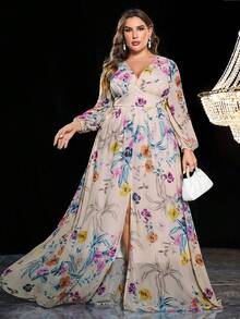 大碼印花燈籠袖高衩雪紡洋裝 - 彩色 - 查看 5