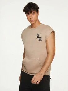 GENTILAND Men Letter Graphic Kangaroo Pocket Sleeveless Sweatshirt - Khaki - View 4