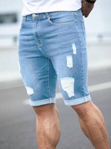 Manfinity Homme Men Ripped Frayed Bleach Wash Denim Shorts Jorts