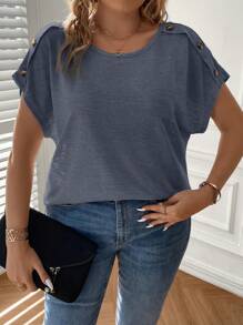 SHEIN Clasi Plus Button Detail Batwing Sleeve Tee - Navy Blue - View 5