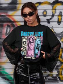 SHEIN PETITE 字母人物圖案蕾絲拼接T恤 - 黑色 - 查看 1