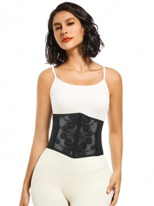 Floral Lace Hook and Eye Underbust Corset - Black - View 4
