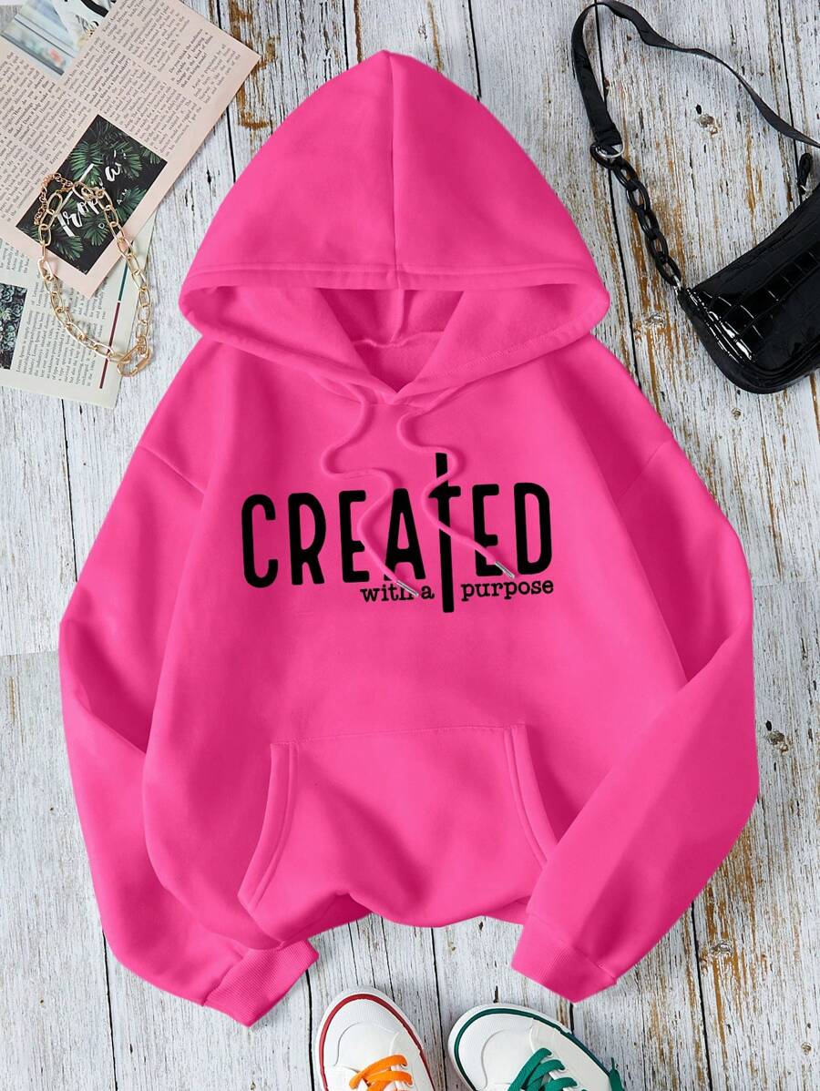 SHEIN EZwear Slogan Graphic Kangaroo Pocket Drawstring Thermal Hoodie - Red - View 1