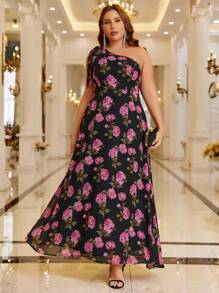SHEIN Belle Plus Allover Floral Print One Shoulder Dress - Multicolor - View 1