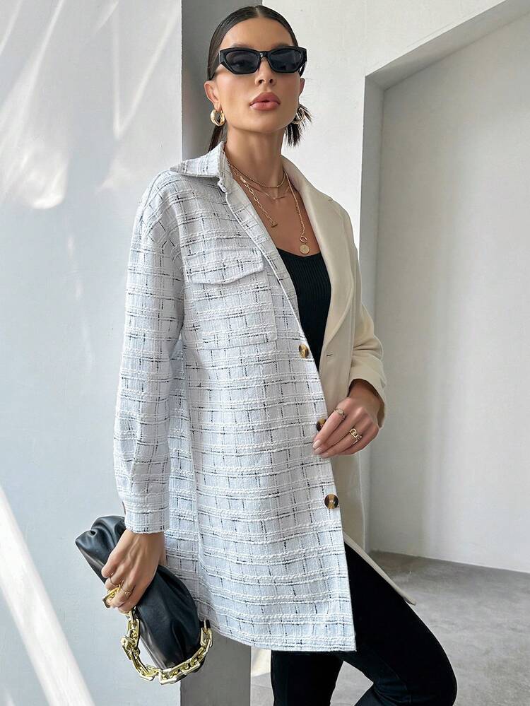 Plaid Pattern Drop Shoulder Pocket Patched Overcoat