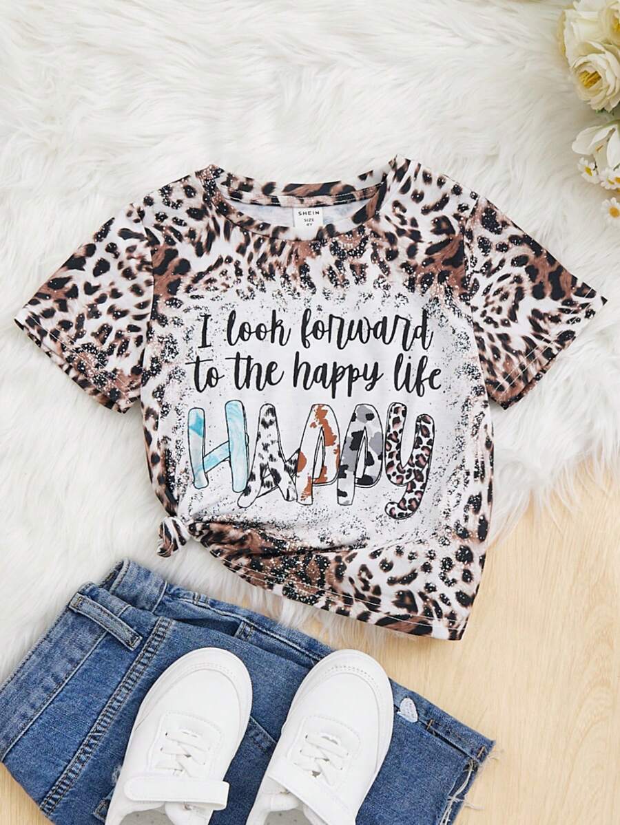 SHEIN 女小童豹紋和標語圖案T恤 - 彩色 - 查看 1