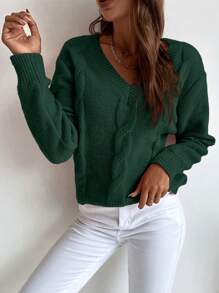 EMERY ROSE Solid Cable Knit V Neck Knit Pullover Fall Winter Sweater - Dark Green - View 5