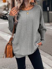 SHEIN LUNE 雙口袋蝙蝠袖口袋貼布套頭毛衣 - 灰色 - 查看 3