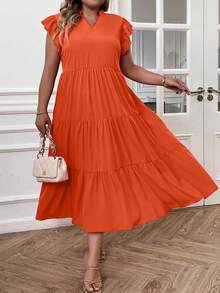 SHEIN LUNE Plus Notched Neck Ruffle Hem Smock Dress - Orange - View 4