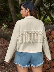 SHEIN VCAY 大碼流蘇邊前紐扣夾克 - 米色 - 查看 2