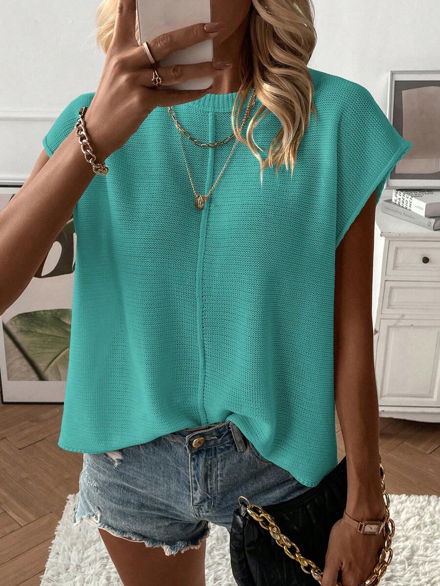 SHEIN LUNE 素色蝙蝠袖圓領毛衣背心 - 藍色 - 查看 1