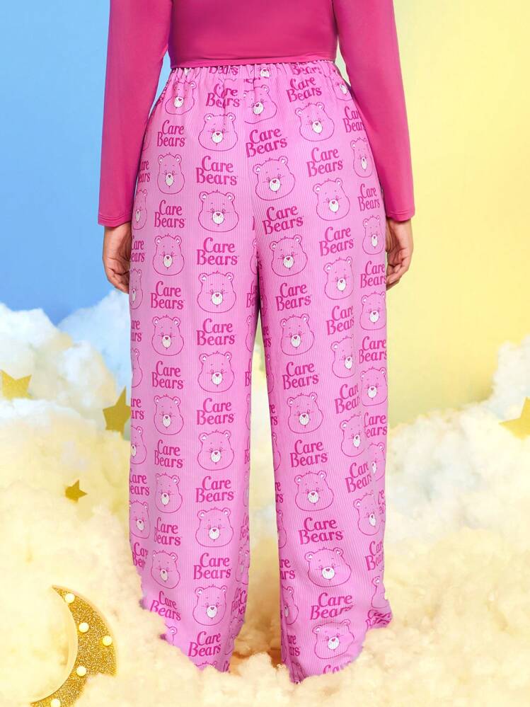 SHEIN X Care Bears Talla grande Pantalones de pierna ancha con estampado de letra - Rosa - Ver 2