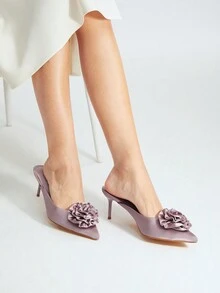 MOTF PREMIUM 緞面花朵裝飾高跟穆勒鞋 - 藕粉色 - 查看 9