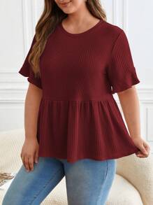 SHEIN Frenchy Plus Waffle Knit Flounce Sleeve Peplum Tee
