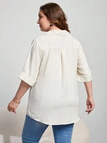SHEIN Essnce 大碼素色前紐扣襯衫 - 白色 - 查看 2