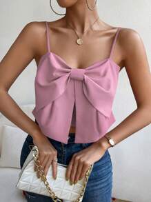 SHEIN Privé Big Bow Front Shirred Back Cami Top - Pink - View 4